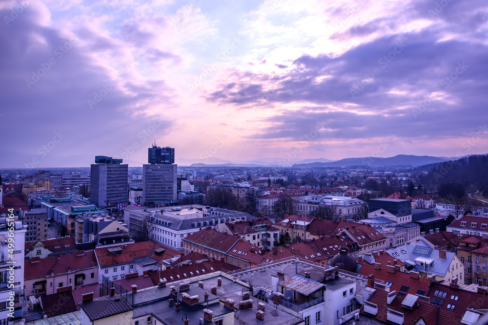 Landscape aerial view over the the city of Ljubljana during sunset