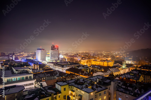 Landscape aerial view over the the city of Ljubljana at night