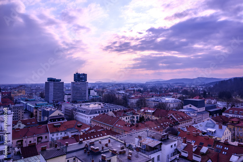 Landscape aerial view over the the city of Ljubljana during sunset © nordantin