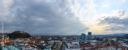 Panoramic wide angle aerial view over the the city of Ljubljana during sunset