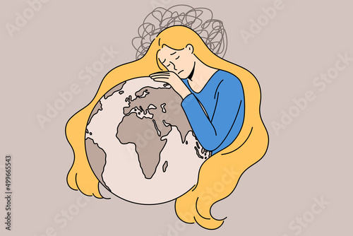 Sad young Ukrainian woman in national colors hug planet Earth stand for peace in Ukraine. Upset girl mourn and grief for land. Stop war, stop Russian aggression. Flat vector illustration. 