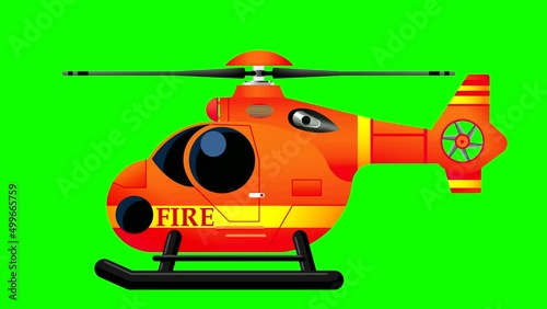 Close-up side view of a civil aviation helicopter rotates its blades on a green background. Abstract looping animation for clipping background