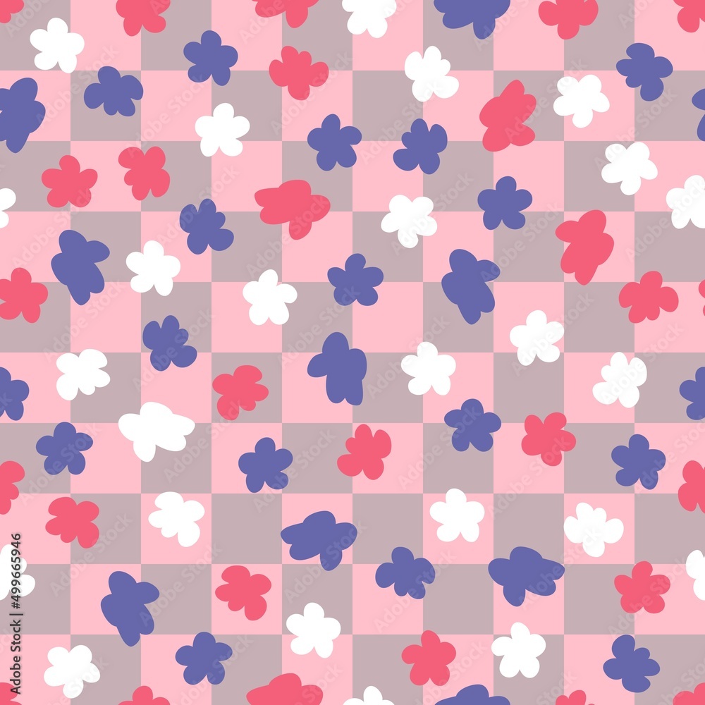 Checkers seamless pattern with colorful flowers in 1970s style. Floral background for T-shirt, poster, card and print. Doodle vector illustration for decor and design.
