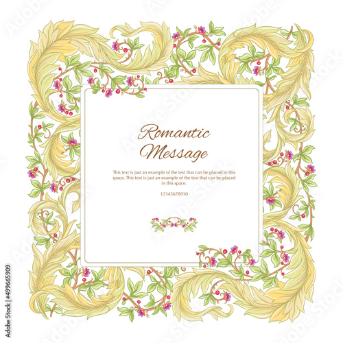 Decorative flowers and leaves in art nouveau style, vintage, old, retro style. Template for wedding invitation, greeting card, banner, gift voucher, label. Vector illustration.