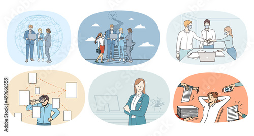 Set of diverse businesspeople at work with colleagues or subordinates. Collection of employees or workers collaborate with coworkers. Teamwork and leadership. Vector illustration. 