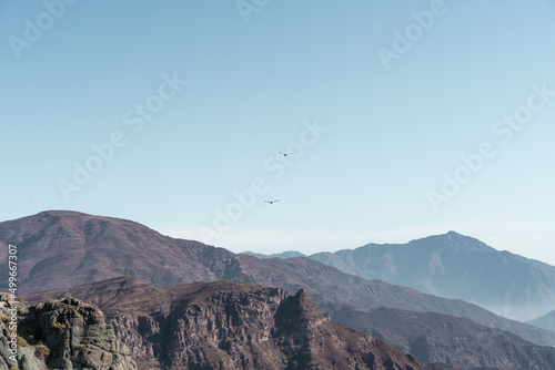 Horizontal shot of two Andean condors flying in the distance between the mountains.