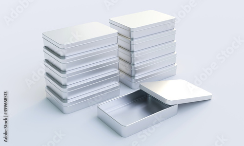 3D rendering of square shaped Tin box on white background. 