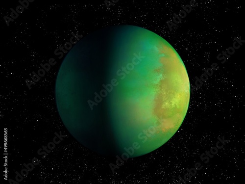 Twin Earth in starry space, amazing green exoplanet, extrasolar planet with an atmosphere. © Nazarii