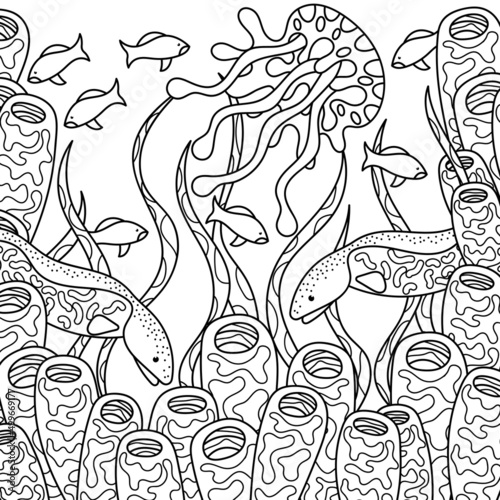 Underwater coloring page. Fishes, animal sponges and deep plants. Hand drawn vector illustration. Sea landscape