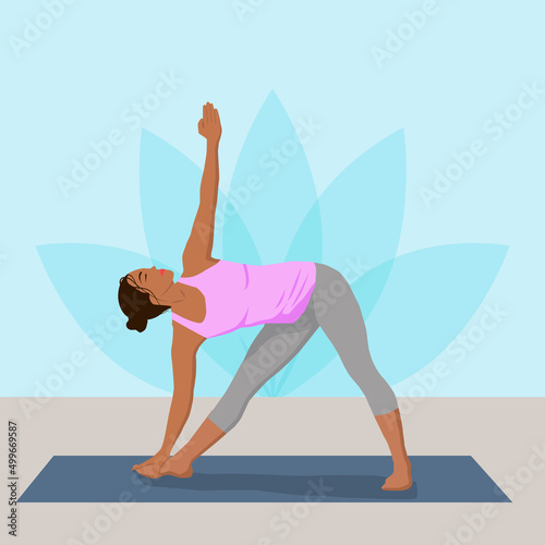 A dark-skinned woman does yoga