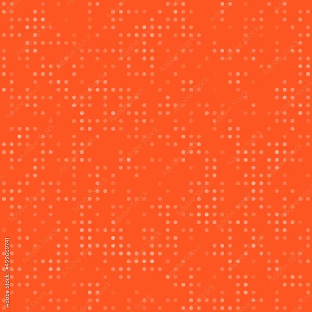 Abstract seamless geometric pattern. Mosaic background of white circles. Evenly spaced small shapes of different color. Vector illustration on deep orange background Abstract seamless geometric pattern. Mosaic background of white circles. Evenly spaced small shapes of different color. Vector illustration on deep orange background