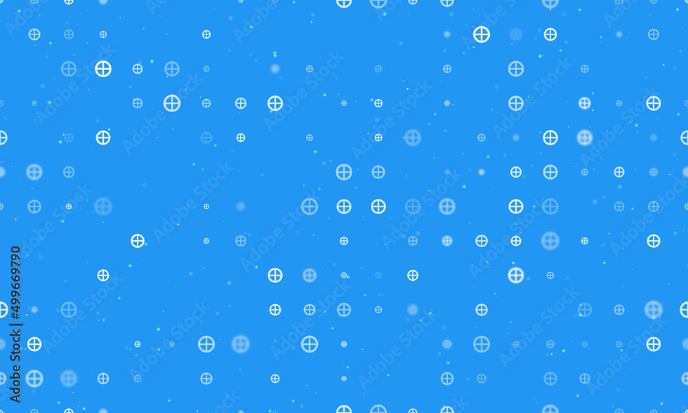 Seamless background pattern of evenly spaced white astrological earth symbols of different sizes and opacity. Vector illustration on blue background with stars