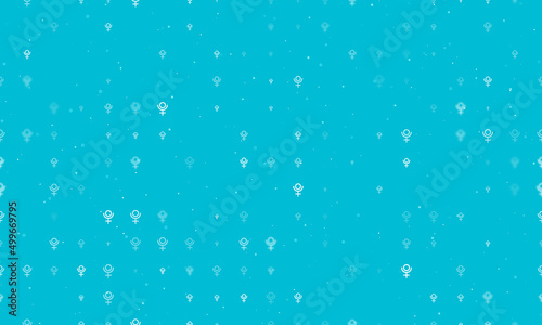 Seamless background pattern of evenly spaced white astrological pluto symbols of different sizes and opacity. Vector illustration on cyan background with stars