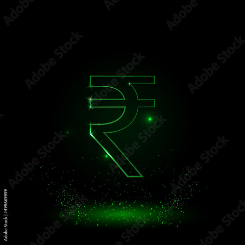 A large green outline indian rupee symbol on the center. Green Neon style. Neon color with shiny stars. Vector illustration on black background