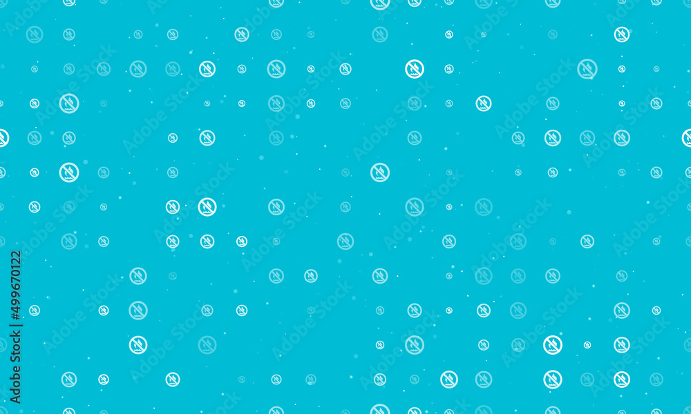 Seamless background pattern of evenly spaced white no gas symbols of different sizes and opacity. Vector illustration on cyan background with stars