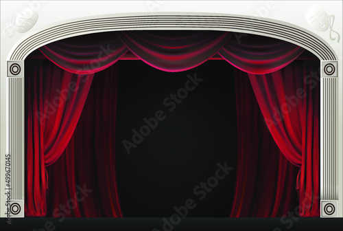 Cinema or theater scene with a red curtain. Theater curtain on dramatic dark background stage. Vector realistic illustration.