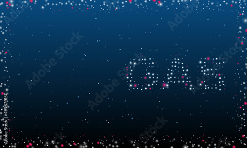 On the right is the gas text symbol filled with white dots. Pointillism style. Abstract futuristic frame of dots and circles. Some dots is pink. Vector illustration on blue background with stars
