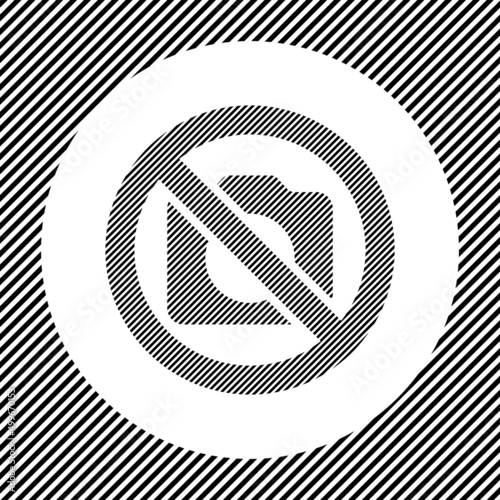 A large no photo symbol in the center as a hatch of black lines on a white circle. Interlaced effect. Seamless pattern with striped black and white diagonal slanted lines