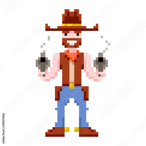 Pixel art cowboy holding a gun. Gunslinger with a beard vector illustration