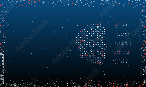 On the right is the headlight symbol filled with white dots. Pointillism style. Abstract futuristic frame of dots and circles. Some dots is red. Vector illustration on blue background with stars