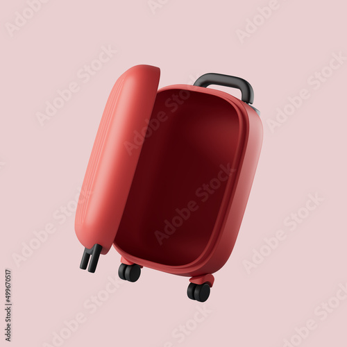 Simple open red suitcase for travel 3d render illustration.