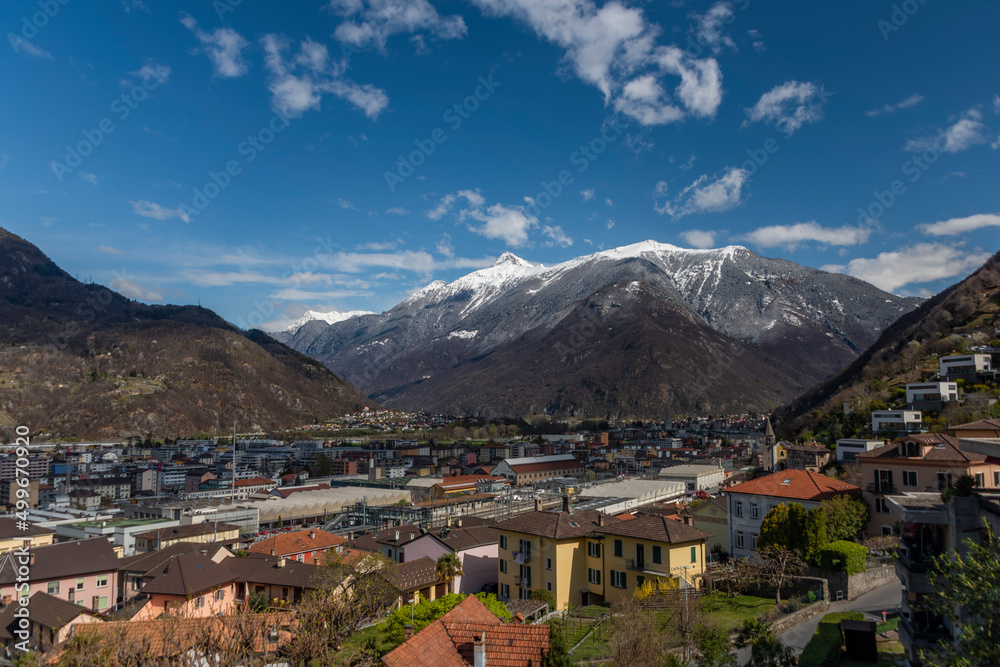 Bellinzona city from high hill over in spring color fresh morning Bellinzona city from high hill over in spring color fresh morning