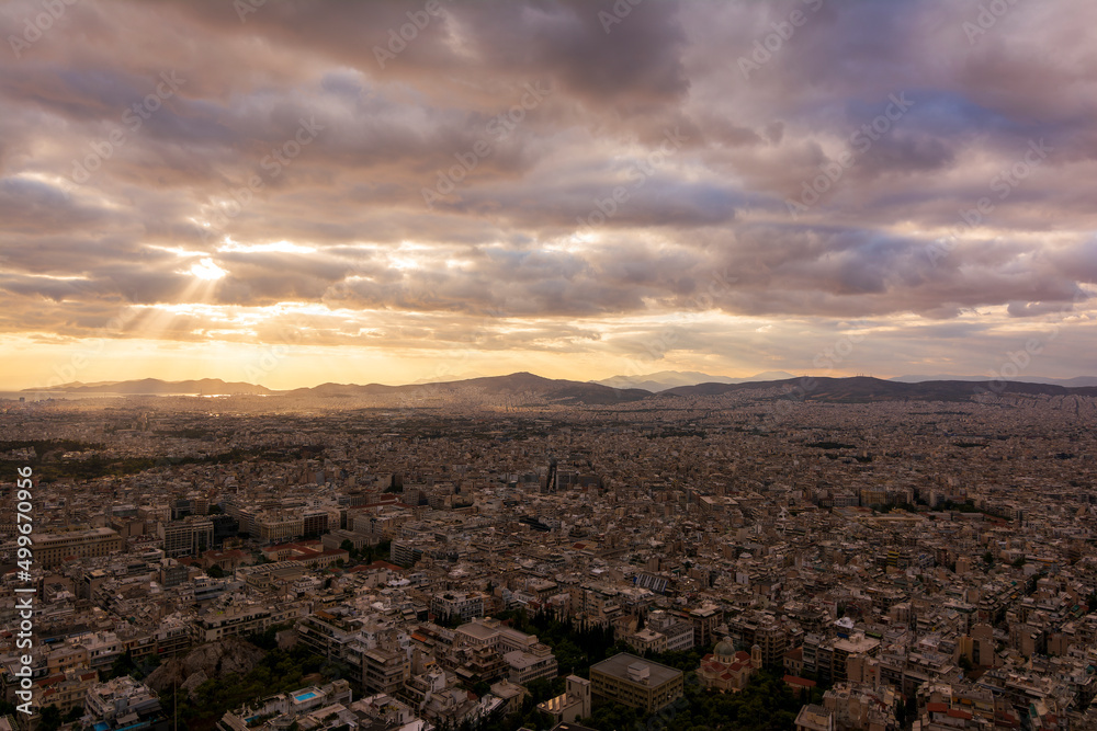 Panoramic view of the city of Athens from Lycabettus hill, Attica, Greece