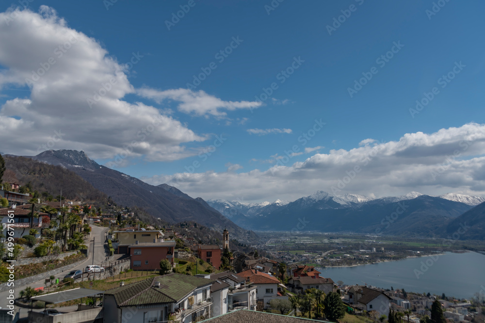 View over Maggiore lake and Locarno town in spring sunny day