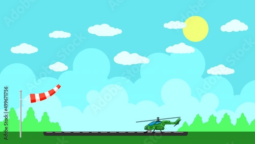 A military helicopter stands on the airfield with an observation tower and a wind indicator in the distance on the horizon. Abstract looping animation with a flat pattern of transport. Looped plot.