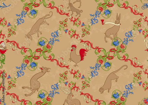 Floral and animals vintage seamless pattern. Medieval illuminati manuscript inspiration. Design for wrapping paper, wallpaper, fabrics and fashion clothes. Vector illustration.