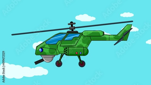 A combat helicopter with a machine gun flies against the background of a blue sky with clouds maneuvering close-up. Abstract looping animation with a flat pattern of transport. Looped plot.