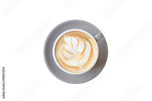 Top view of cappuccino in grey ceramic cup with decorated milk foam isolated on white background.