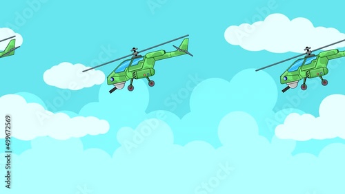 Military helicopters with machine guns fly against the sky with clouds and one combat vehicle takes off in the foreground. Abstract looping animation with a flat pattern of transport. Looped plot. photo