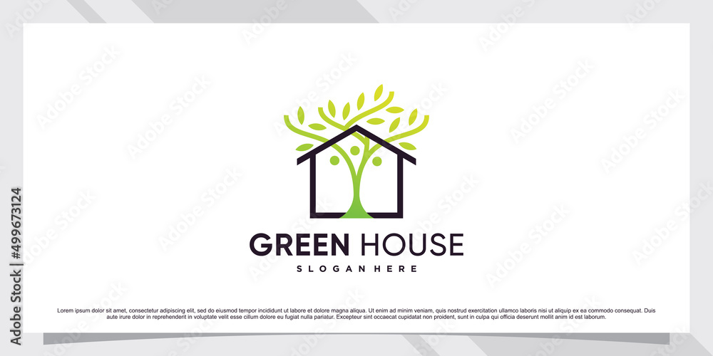 Naklejka premium Green house logo design template with line art style and creative element