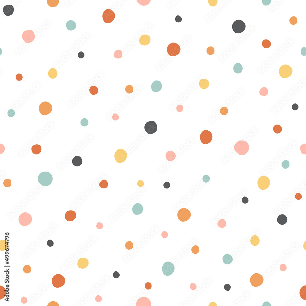 Polka dot seamless pattern with colorful circles on a white background.