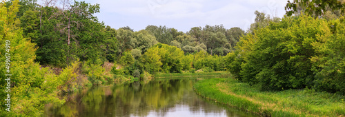 A view of the river with wooded banks  panorama  banner  summer natural landscape