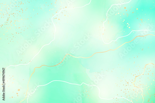 Royal cyan mint liquid marble watercolor background with white lines and brush stains. Teal turquoise marbled alcohol ink drawing effect. Vector illustration backdrop, watercolour wedding invitation
