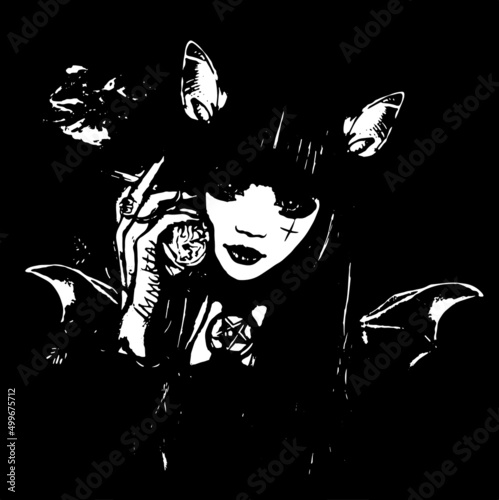 Bat Girl / Stylized black and white gothic art