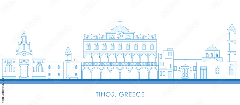 Outline Skyline panorama of  Tinos, Cyclades Islands, Greece - vector illustration - obrazy, fototapety, plakaty 