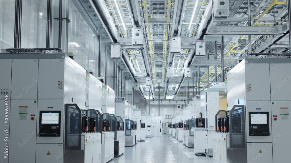 Wide Shot Inside Bright Advanced Semiconductor Production Fab Cleanroom ...
