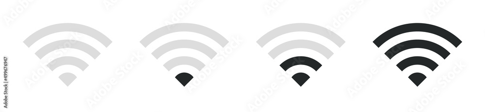 Set of wifi icons. Connection and internet icon signal. Vector wi-fi signal black. Wireless icon set. WIFI internet sign isolated on white background, flat style, vector illustration. Stock vector. Set of wifi icons. Connection and internet icon signal. Vector wi-fi signal black. Wireless icon set. WIFI internet sign isolated on white background, flat style, vector illustration. Stock vector.