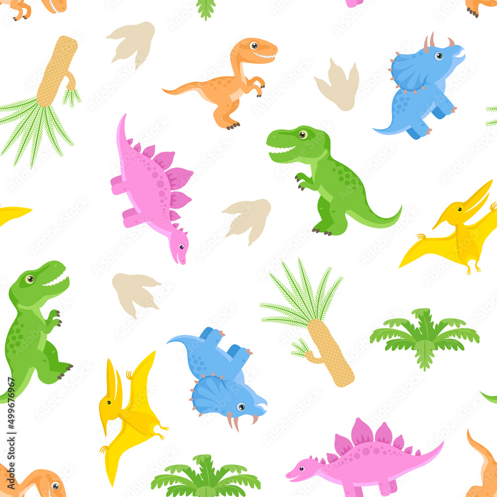 Cute dinosaurs background. Childish seamless pattern with prehistoric Jurassic animals and plants. Vector flat illustration. Cute dinosaurs background. Childish seamless pattern with prehistoric Jurassic animals and plants. Vector flat illustration.