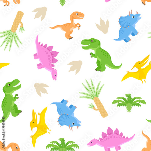 Cute dinosaurs background. Childish seamless pattern with prehistoric Jurassic animals and plants. Vector flat illustration.