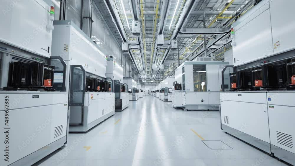 Wide Shot Inside Bright Advanced Semiconductor Production Fab Cleanroom with Working Overhead Wafer Transfer System 