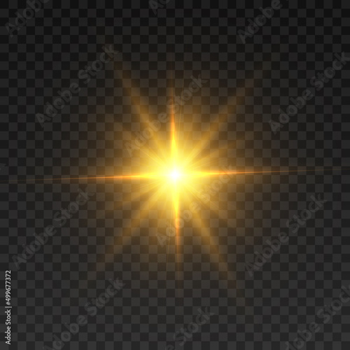 Bright yellow light effect, flash of light in outer space for vector illustration. 