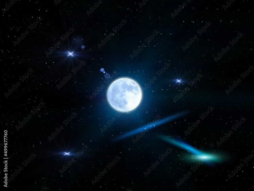  moon on starry sky  bright dark shiny  clear nebula star flares  fall background copy space template