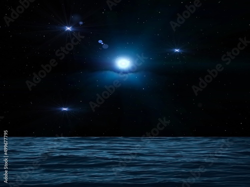  moon on starry sky bright dark shiny clear nebula star flares fall background copy space template