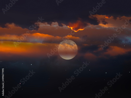 dramatic orange cloudy sunset , moon on starry sky  bright dark shiny  clear nebula star flares  fall background copy space template