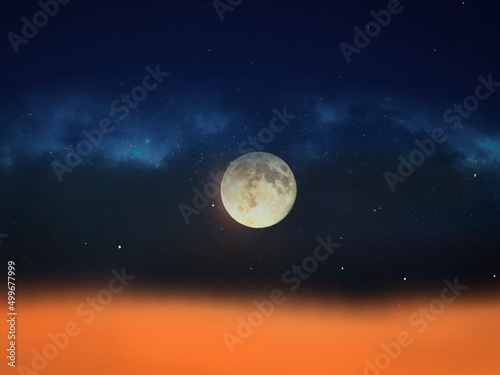 big  moon on sunset and starry sky  bright dark shiny  clear nebula star flares  fall background copy space template