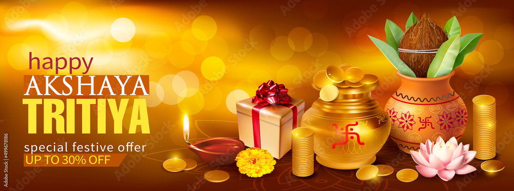Naklejka premium Promotion banner with Kalash, gold pot, diya and coins for Indian festival Akshya Tritiya. Vector illustration.